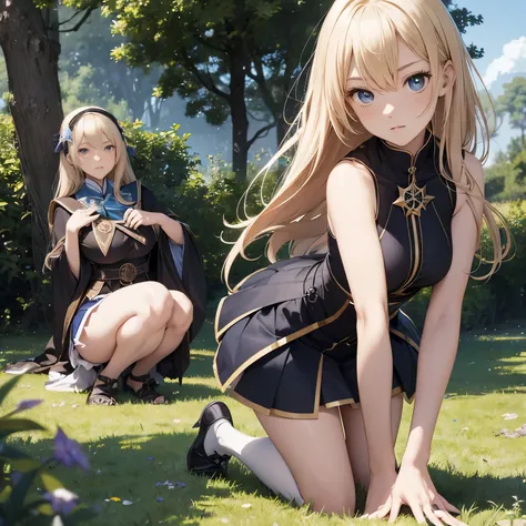 Junaida, Surreal, Margaret Tarrant, mysterious, strange, fantastical, fantasy, Sci-fi, Japanese anime, portable sundial, compass rose, traveling blonde miniskirt beautiful girl Alice, perfect voluminous body, top, bottom, left, right, detailed masterpiece ...