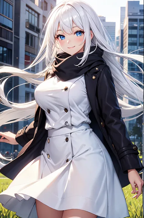 (High quality, High resolution, Fine details), field of grass, BREAK Long black coat, BREAK Long white skirt, Woolen scarf, solo, curvy women, BREAK white hair, sparkling eyes, (Detailed eyes:1.2), smile, blush, shallow depth of field
