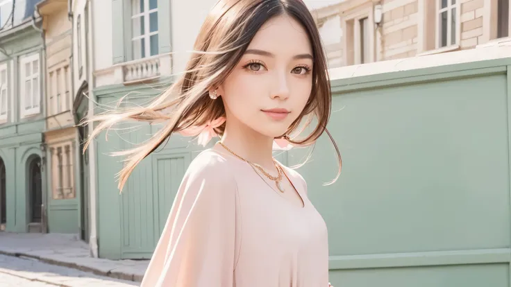 girl, solo, smile, standing, long black hair, elegant dress, elegant clothes, spring clothes, modern fashion, (theme color is pale pink and peppermint green), fashion magazines, complemented with a necklace, (close up), (portrait style), in an old European...