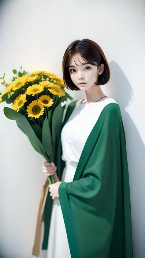 A woman standing in front of a white wall with a bouquet of flowers, with short hair, lofi girl, With ivy, wearing blue-green clothes, with flowers, low quality photos, with cloak, green clothes, photo shoot, enters smoothly _ With background, lofi girlのae...