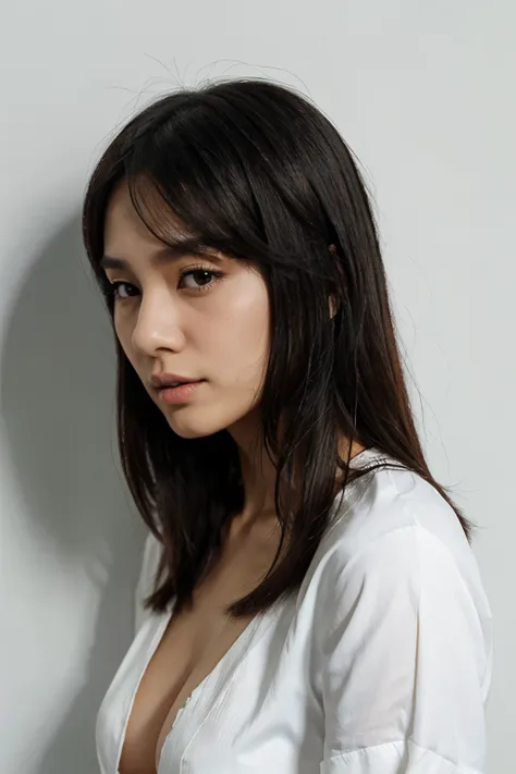 one 30 years old hong kong woman, from side, beautiful woman, realistic skin, black hair, long straight hair, white overshirt, plain white bra, realistic hand, white wall background, mouth breathing