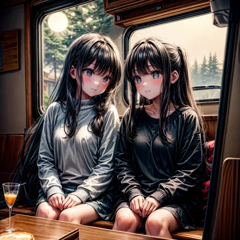 In a wooden RV, I was talking about the future with my best friend while drinking milk tea. Two girls with long hair and big eyes were sitting facing each other in dim light. ，black hair，There are moon and stars on the roof，on a very quiet night，Face and h...