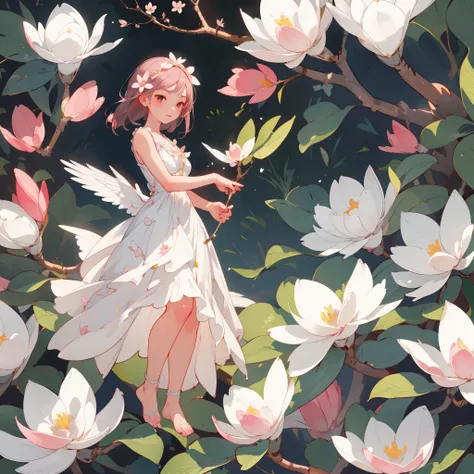 1 girl,(whole body:1.4),Dolichoceria,one person,白いmagnolia flower, cinematic lighting,strong contrast,Romantic realism style,High level details,(a dream-like scene),magnolia flower,White flower,bird,unit,compensate,gem,have,dress,vector graphics