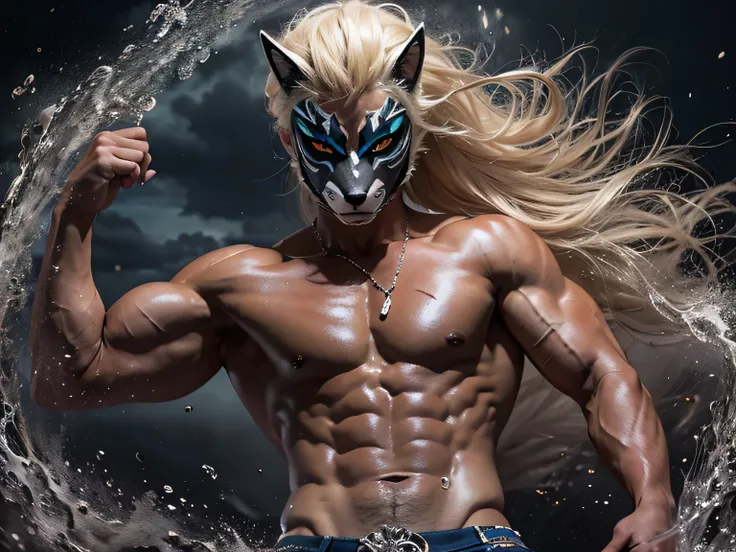 beautiful feces, bright pictures, sunlight, 8k, RAW image quality, masterpiece, highest quality, (1 male), Black Fox Mask:1.2, A man wearing a fox mask on his face:1.5, 35 year old male, blonde long hair, bodybuilder:1.4, There is a large tatu in the upper...