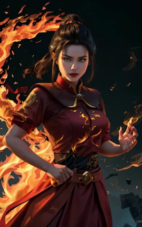 azula in a red dress with a dragon on her chest, (4k), (masterpiece), (best quality),(extremely intricate), (realistic), (sharp ...