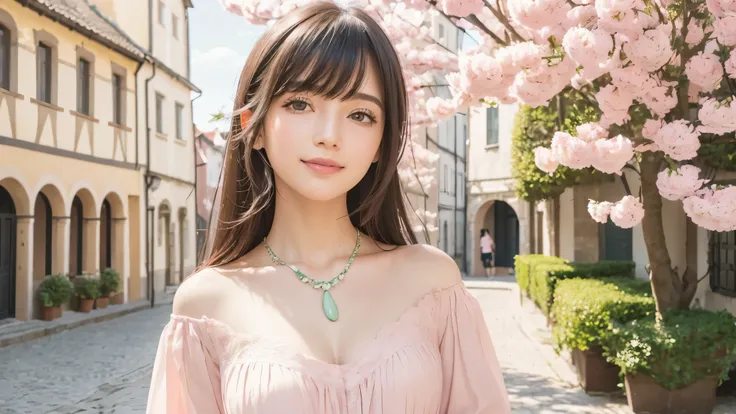 girl, solo, smile, standing, black hair, bangs, elegant dress, elegant clothes, spring clothes, modern fashion, (theme color is pale pink and peppermint green), complemented with a necklace, (close up), (portrait style), in an old European town, classic Eu...