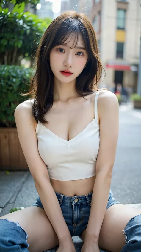 (photorealistic:1.8),(bokeh:0.3),((((film grain)))),(masterpiece:1.2),(highest quality:1.2),8k,raw photo,High-quality texture,detailed texture, Girl in thin low cut camisole and tight denim shorts poses for photo、full body、sexy dress、Slim body、(large , cle...