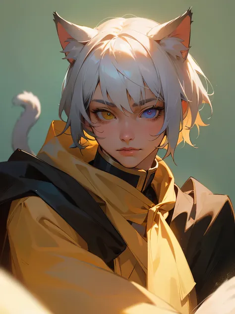 Masterpiece, Best quality, Realistic, ((cat guy)), ((adult)), 1 guy cat, Hair tousled, ((dark, short hair)), heterochromia, Sharp eyes, Cat&#39;s eyes, Predator Eyes, Color of clothes in light colors, portrait, very detailed face, light room background, I ...