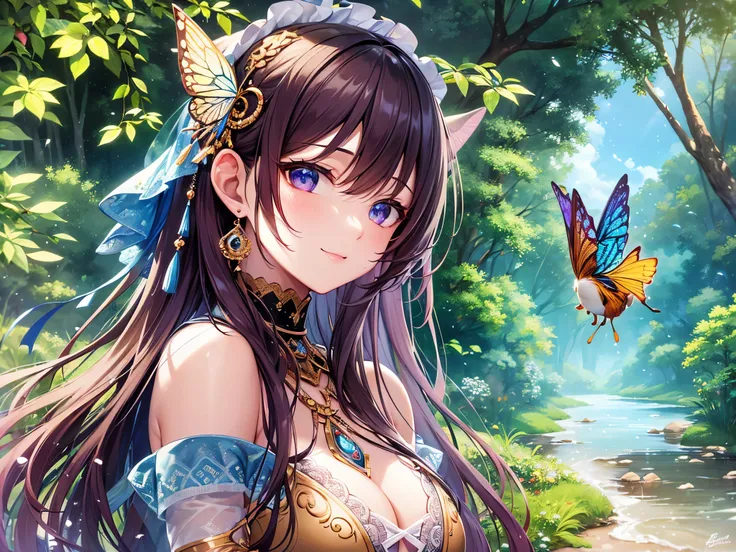 ((highest quality)),(ultra high resolution),(Super detailed),(detailed description),((best CG)),(best work of art),super precision art,amazing drawing art,(Art with precise details:1.5), (1 woman:1.8),smile, Spring brook,butterfly,birdie, Wakaba,Sparkling ...