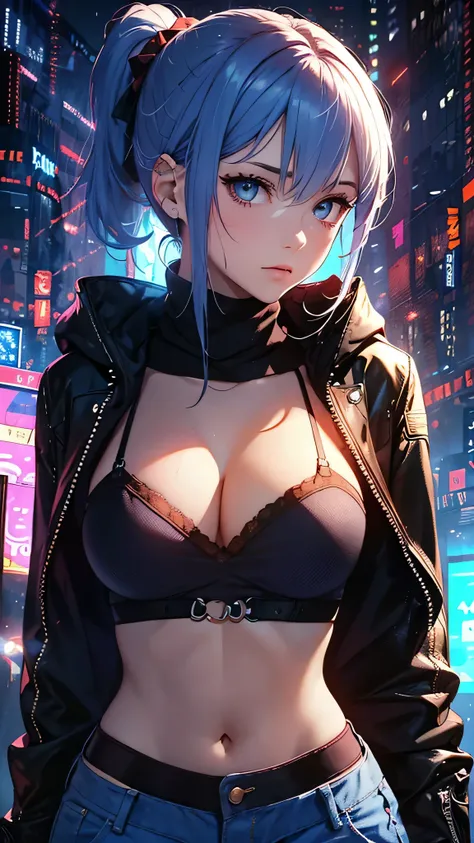 最high quality、best image quality、masterpiece、girl((20-year-old、 By becoming、vest bust、medium bust,wide open breast tea、shining eyes, light blue hair、long hair、thin,highest valley、ponytail、action of looking up、right arm bandage、purple and black hoodie、berry...