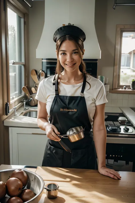 a woman is cooking、(kitchen_apron:1.Wear 3)、good hand、4K、hight resolution、​masterpiece、top-quality、cap:1.3、((Hasselblad photo))、Fine skin、sharp focus、(lighting like a movie)、Soft lighting、dynamic ungle、[:(Detailed face:1.2):0.2]、medium chest、sweats streame...