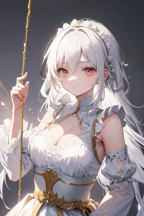 (extremely refined, masterpiece, Excellent light and shadow, 8K HD wallpaper), white hair, golden eyes, Intermittent translucent white clothes, Look at the upper body, lace hair accessories, Fair, Pink skin, tied around the waist, side braid swing.