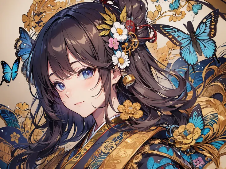 ((highest quality)),(ultra high resolution),(Super detailed),(detailed description),((best CG)),(best work of art),super precision art,amazing drawing art,(Art with precise details:1.5), (1 woman:1.8),smile,(Japanese clothes with intricate and detailed emb...