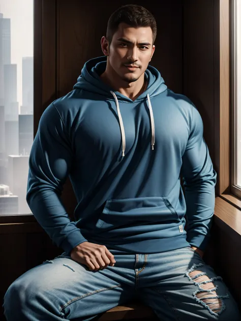 Tall giant muscular肌肉男老师，白蓝色连帽Sweatshirt，Sweatshirt，jeans，character concept（Resident Evil - chris redfield，chris redfield）bright charming smile，Deep and charming eyes，heroic male pose，高大burly，muscular！muscular大腿，tough guy，perfect facial features，High, burl...