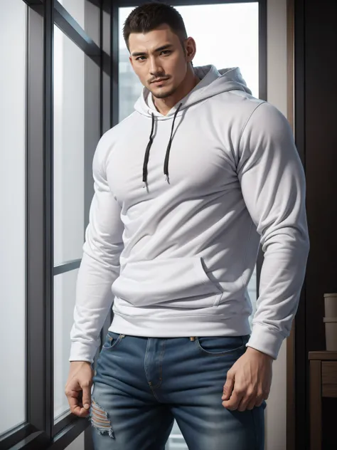 Tall giant muscular肌肉男老师，白蓝色连帽Sweatshirt，Sweatshirt，jeans，character concept（Resident Evil - chris redfield，chris redfield）bright charming smile，Deep and charming eyes，heroic male pose，高大burly，muscular！muscular大腿，tough guy，perfect facial features，High, burl...