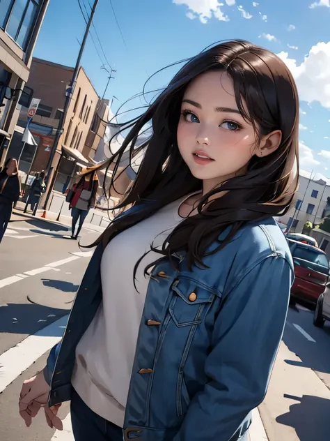 a westerner woman looks at the sky, windy, round face, smile, downtown area, aerial angle, casual clothes, jacket,