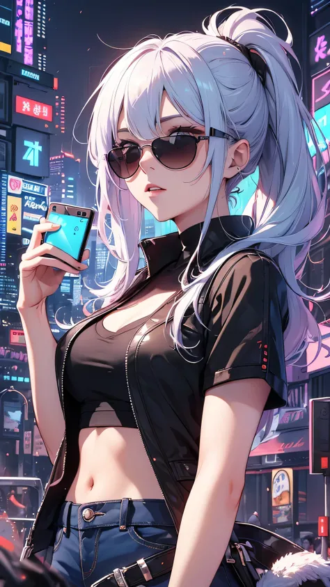 最high quality、best image quality、masterpiece、girl((20-year-old、 By becoming、vest bust、medium bust,wide open breast tea、shining eyes, light blue hair、long hair、thin,highest valley、ponytail、action of looking up、right arm bandage、Black shirt with wide open ch...