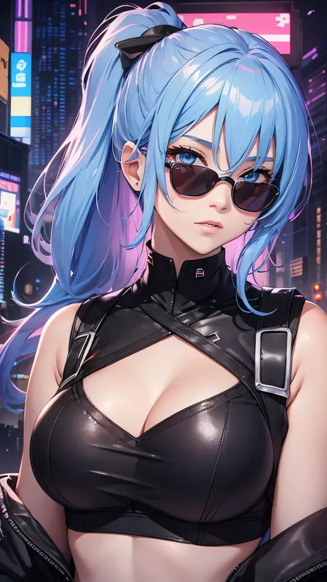 最high quality、best image quality、masterpiece、girl((20-year-old、 By becoming、vest bust、medium bust,wide open breast tea、shining eyes, light blue hair、long hair、thin,highest valley、ponytail、action of looking up、right arm bandage、Black shirt with wide open ch...