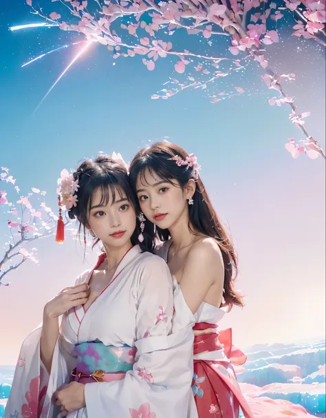 (There is a blurred image of red and pink diamond flash background0.5), (((２girltwoshot)))(((personification of jewels 0.5)))((pink sapphire incarnation 0.5)))(((幻想的なcrystalの世界のシーン0.5)))(((cosmic background)))((宝石とcrystalの世界0.5))(((soft red light, watermar...