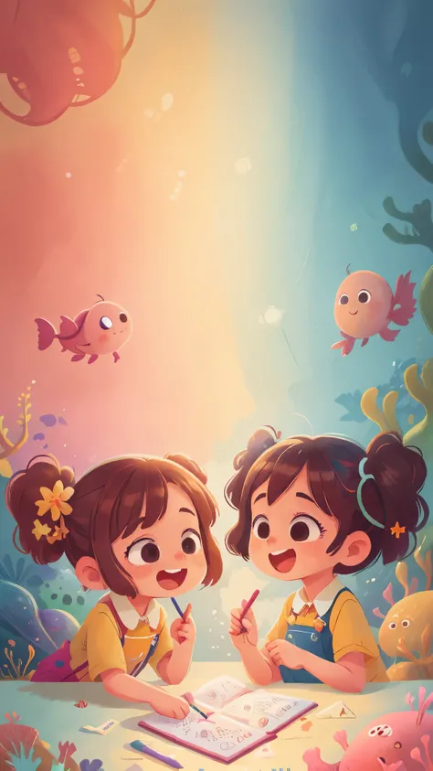  Two girls, under the sea, holding pencils, happy, happy, perfect quality, clear focus (clutter - home: 0.8), (masterpiece: 1.2) (Realistic: 1.2) (Bokeh) (Best quality) (Detailed skin: 1.3) (Intricate details) (8K) (Detail Eyes) (Sharp Focus), (Happy) 