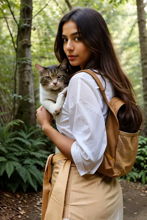 Modern Indian girl with a natural, radiant complexion, wearing a flowing cotton sari, is captured facing away from the camera in a serene forest setting. In her hands, she cradles a cat carrier backpack, filled with the essentials for a tranquil outing wit...