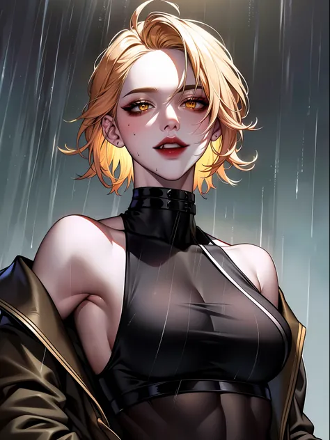 (Masterpiece,HD,UHD,detailed face, bright skin female,perfect face ,yellow glowing eyes, complex parts,grin, detailed eyes,detailed retina, crossed arms,rain background,rainy season,raindrops), Best quality,grin, bright skin, toned abs,jacket and tank top,...