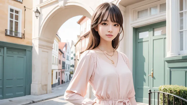 masterpiece, award winning, high quality, super detail, 8k, photo, girl, solo, smile, standing, black hair, bangs, elegant dress, elegant clothes, spring clothes, modern fashion, (theme color is pale pink and peppermint green), complemented with a necklace...