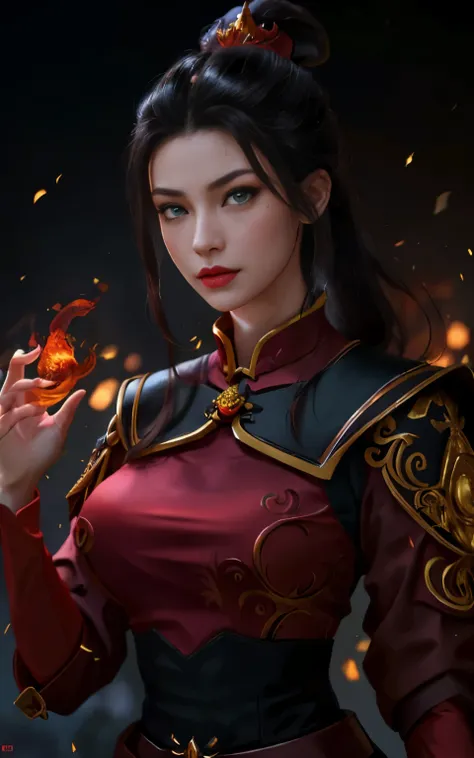 azula in a red dress with a dragon on her chest, (4k), (masterpiece), (best quality),(extremely intricate), (realistic), (sharp ...