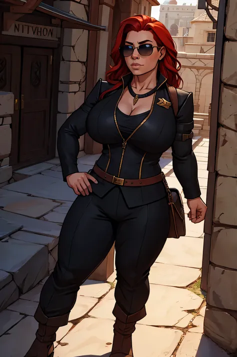 busty redheaded dwarven female with a black governmental suit and aviators