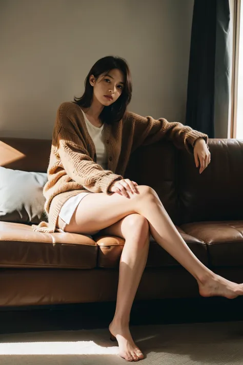 1girl,sitting on a cozy couch,crossing legs,soft light