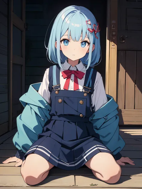 highest quality、High quality、masterpiece、anime、1 girl, Shining eyes、orange sleeves, gray hair, white skin, light blue hair ornament, blue suspenders, blue clothes, light blue eyes, Barefoot, Double braid