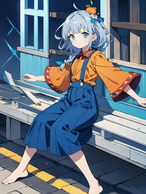 highest quality、High quality、masterpiece、anime、1 girl, orange sleeves, gray hair, white skin, light blue hair ornament, blue suspenders, blue clothes, light blue eyes, Barefoot, Double braid