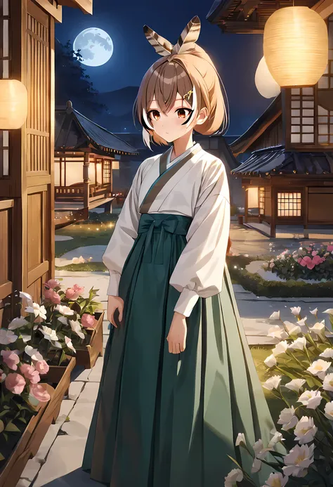 Qiwuwuming/(Holographic live broadcast/), (best quality,high resolution,clear image, Detailed background,girl,Hanbok,flowers,garden,moon,night,