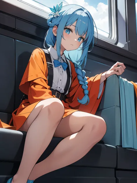 highest quality、High quality、masterpiece、anime、1 girl, orange sleeves, gray hair, white skin, light blue hair ornament, blue suspenders, blue clothes, light blue eyes, Barefoot, Double braid