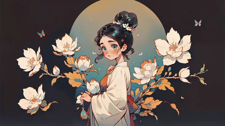 1个Giant Breast Girl, Alone, looking at viewert, face flushed, Background with, black hair color hair, hair adornments, longer sleeves, white backgrounid, Eternal, Full body lesbian, blossom flower, hairflower, hair-bun, butterflys, tmasterpiece, recent qua...