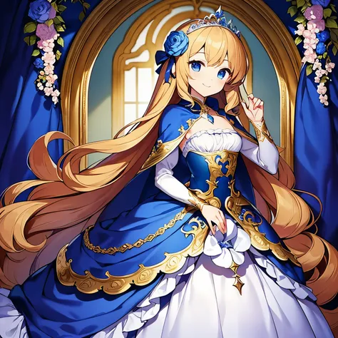 masterpiece, ultra detailed, upper body, beautiful anime art style, fantasy art, rococo style,(long train deep blue cape:1.1),(long train white ball gown with flower decorations:1.05), a girl is wearing a cape over her ball gown, 1 little princess, tiara, ...