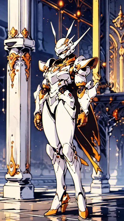 A woman adorned in fantasy-style full-body armor, a crown-concept fully enclosed helmet that unveils only her eyes, a composite layered chest plate, fully encompassing shoulder and hand guards, a lightweight waist armor, form-fitting shin guards, the overa...