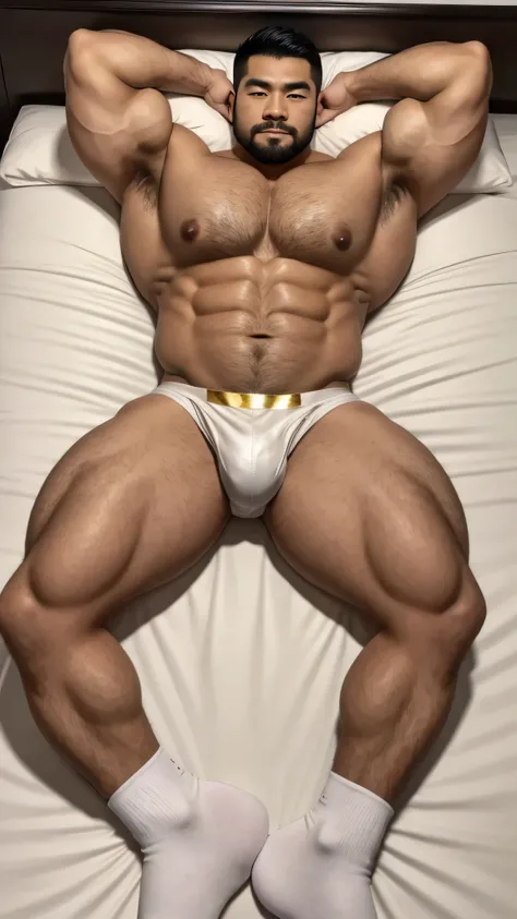 There is only one Chinese bodybuilder in the photo，30 years old，Tall and handsome, toned body，short hair, O-shaped beard，Perfect body, Dark and shiny complexion，smooth skin，No chest hair，Muscle bulge, muscular, Very big pecs，Very sexy abs，Leg muscles are v...