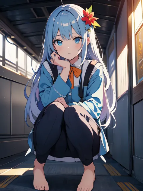 ((highest quality、High quality、masterpiece))、anime、1 girl, Shining eyes、orange sleeves, gray hair, white skin, light blue hair ornament, blue suspenders, blue clothes, light blue eyes, Barefoot, Double braid