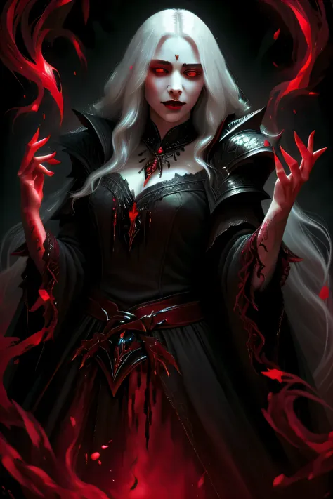 young woman, long white hair, the dark lord&#39;robe, shoulder pads with rivets, the villain, death knight, evokes, casts a spel...