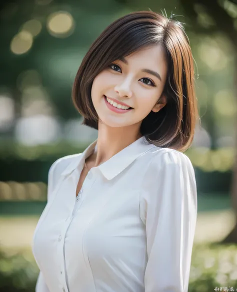 ((highest quality, 8k, masterpiece: 1.3)), 1 girl, smile, whole body, slim face, Beautiful woman, dark brown short hair, White crisp shirt at upper body, Upper body is black straight suit pants, high heels, super detailed face, fine eyes, double eyelid, bl...