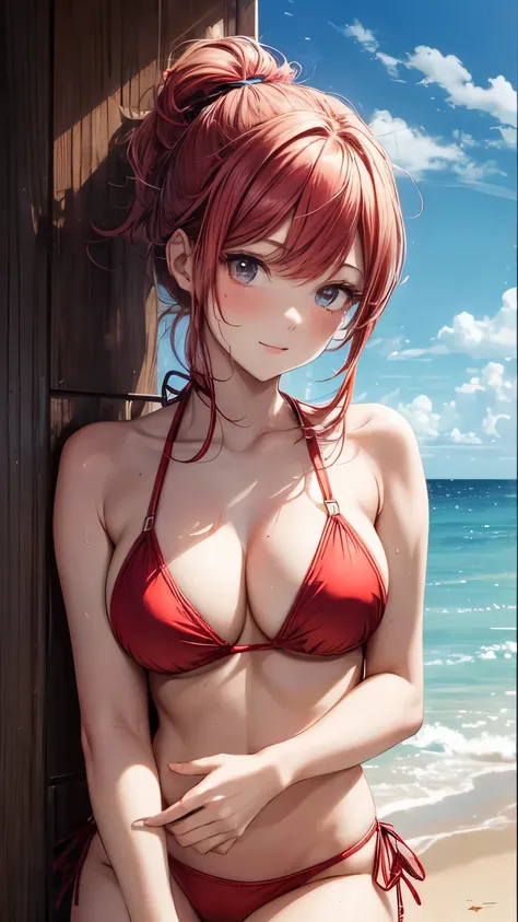 highest quality、All limbs、full finger、one beautiful woman、beautiful big breasts、bare hands、barefoot、short hair、ponytail、(red hair woman:1.3)、(((woman wearing red bikini)))、beach、clear light blue sea、big smile、sexy pose、wet textured female body