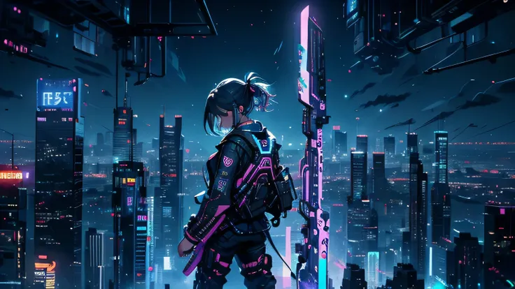 skyscraper night view neon high quality ultra high resolution cyberpunk with guitar