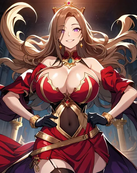 Lian, light brown hair, hair stick, bangs, violet eyes, solo, smiling, standing, upper body, hips, bare shoulders,purple thighhighs, red dress, gold jewelry,armor,gloves,circlet, cleavage, red and gold royal castle, gigantic breasts, (best quality, masterp...