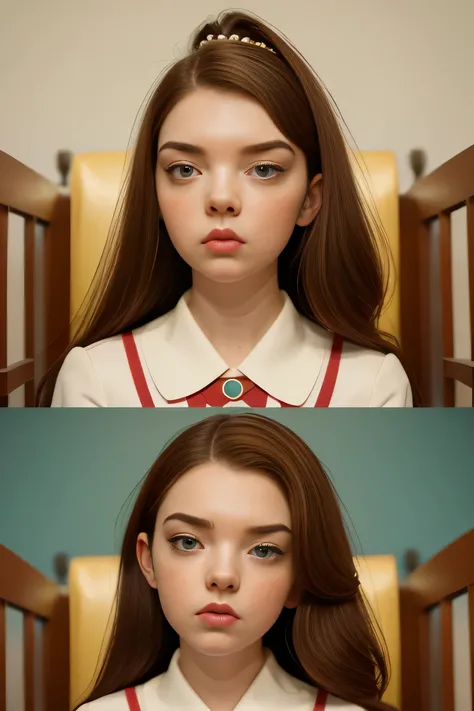 1135, England. portrait front face, looking, only face seen from the front, symmetrical, looking at the viewer, More detailed eyes, more detailed eyes, more detailed lips, clearer eyebrows ((((27 years old)) Anya Taylor-Joy)) , brunette, sad and smug look,...