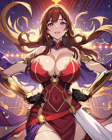 Lian, light brown hair, hair stick, bangs, violet eyes, solo, smiling, standing, upper body, hips, bare shoulders,purple thighhighs, red dress, gold jewelry,armor,gloves,circlet, cleavage, red and gold royal castle, gigantic breasts, (best quality, masterp...