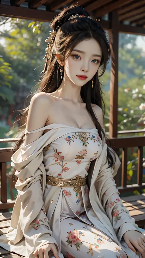 gufeng,bare shoulders, red lips, mature women, cosmetics, big eyes, beautiful eyes, ((whole body)), ((Random shooting angle)), (best quality, masterpiece:1.2), Super detailed, (actual:1.37), beautiful, young and energetic, Charming model with (delicate eye...