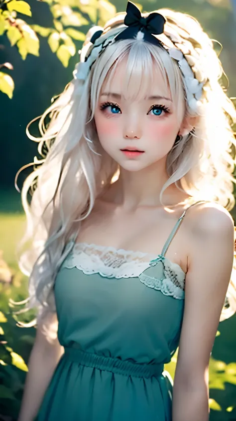 one woman、(((Beautiful gradient hair)))、((( big ribbon hair ornament)))、very cute、camisole dress、simple background、background is blurry、An ennui look、small breasts、perfect lighting、cinematic lighting、(smile:0.2), (highest quality:1.0), (超A high resolution:...