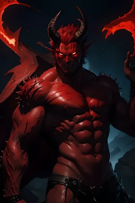 A demon with red skin and huge pointed horns., glowing red eyes, naked rough sculpted torso, long black beard, rough stone inhuman face