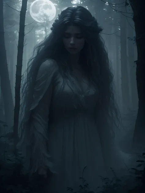 (best quality,4k,8k,highres,masterpiece:1.2),ultra-detailed,(realistic,photorealistic,photo-realistic:1.37),dark forest,full moon,ghostly,shrouded in dense fog,wailing banshee,tangled hair,layered hair